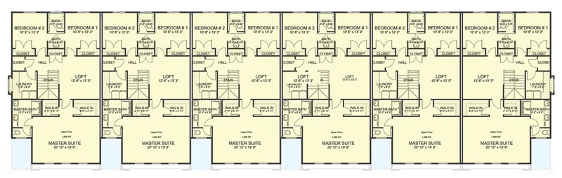 Plan 61391UT: 6-Family House Plan with Matching 2110 Square Foot 3-Bed, 2.5 Bath Units - Floor Plan - Second Level (All-Unit View) - Craftsman, New American, Traditional