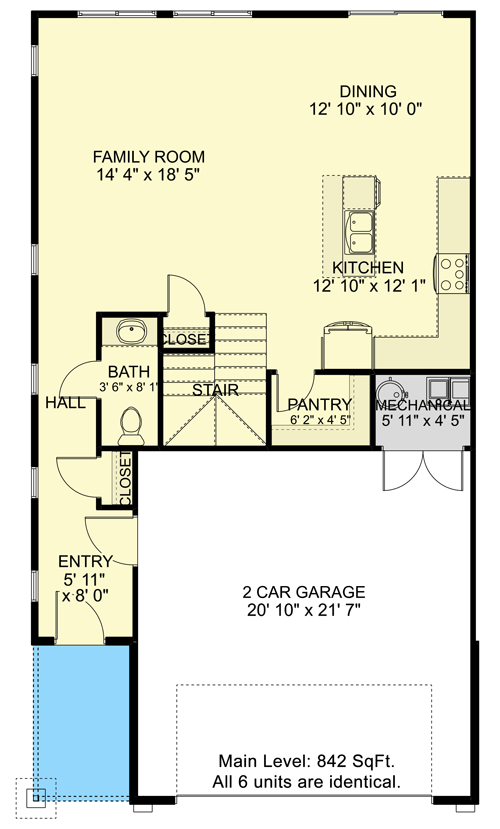 Plan 61391UT: 6-Family House Plan with Matching 2110 Square Foot 3-Bed, 2.5 Bath Units - Floor Plan - Main Level (Single-Unit Detail View) - Craftsman, New American, Traditional