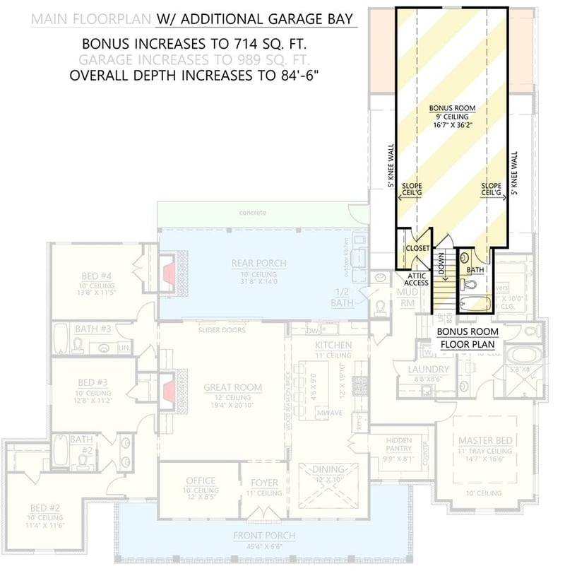 Plan 56527SM: Well-Balanced Acadian Farmhouse-Style 4-Bed House Plan Under 2800 Square Feet - Floor Plan - Bonus Above 3-Car Garage Option (+$ Paid Upgrade) - Acadian, French Country, Louisiana-Style, Southern