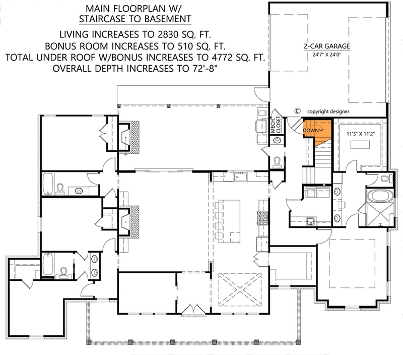 Plan 56527SM: Well-Balanced Acadian Farmhouse-Style 4-Bed House Plan Under 2800 Square Feet - Floor Plan - Main Level - Basement and Bonus Option (+$ Paid Upgrade) - Acadian, French Country, Louisiana-Style, Southern