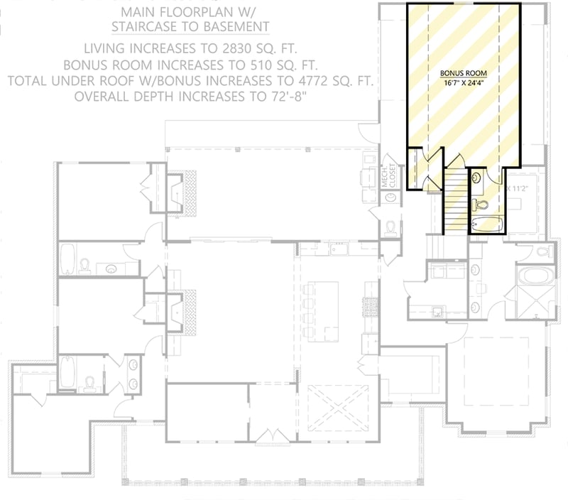 Plan 56527SM: Well-Balanced Acadian Farmhouse-Style 4-Bed House Plan Under 2800 Square Feet - Floor Plan - Bonus Above - Basement and Bonus Option (+$ Paid Upgrade) - Acadian, French Country, Louisiana-Style, Southern