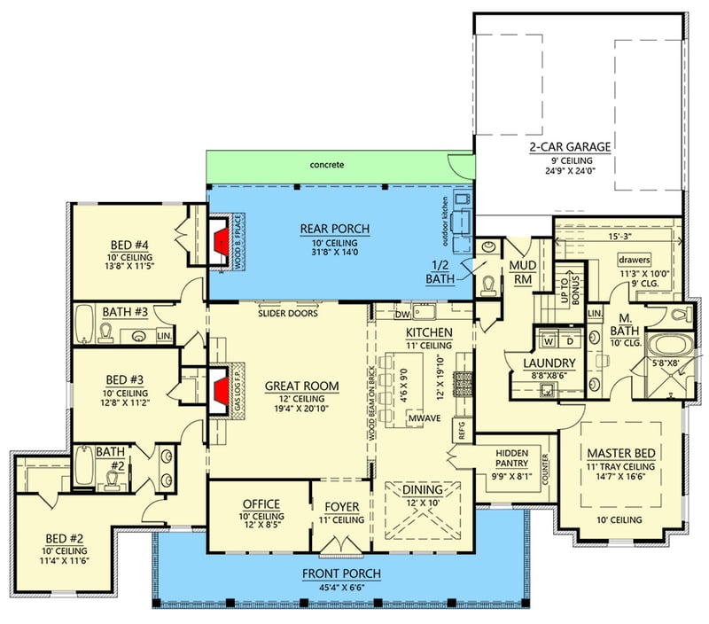 Plan 56527SM: Well-Balanced Acadian Farmhouse-Style 4-Bed House Plan Under 2800 Square Feet - Floor Plan - Main Level - Acadian, French Country, Louisiana-Style, Southern
