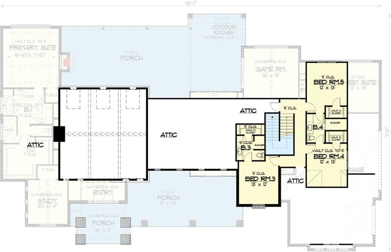 Plan 915054CHP: 4600 Square Foot Transitional Farmhouse Plan with Game Room and Study - Floor Plan - 2nd Floor - Country, European, Farmhouse, Modern Farmhouse, Transitional