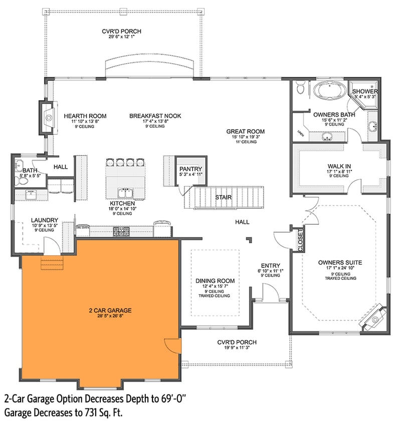 Plan 61395UT: Exclusive Transitional Two-story Home Plan with Main-level Owner's Suite - Floor Plan - 2-Car Side Garage Option (+$300) - Craftsman, Mountain, Northwest