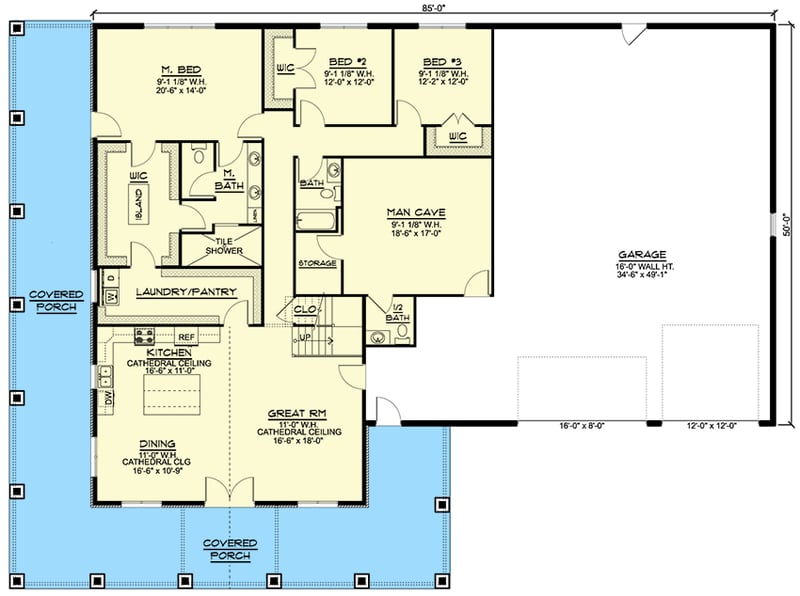 Plan 135196GRA: 4 Bed 4100 Square Foot Barndo-style House Plan with RV Garage and Man Cave - Floor Plan - Main Level