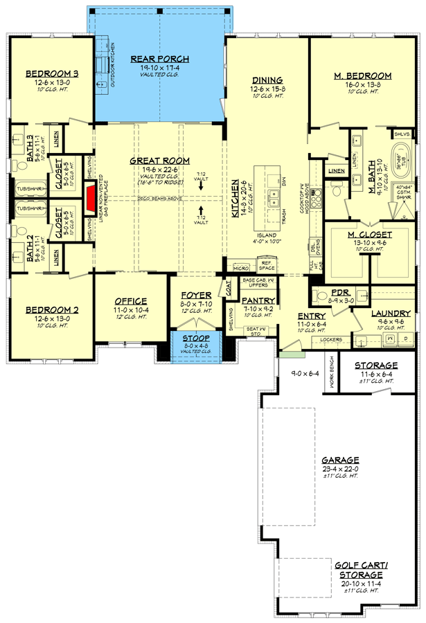 Plan 51930HZ: One-Story Transitional House Plan with 3 Bedrooms and a Golf Cart Garage - Floor Plan - Main Level - Country, Hill Country, New American, Ranch, Transitional