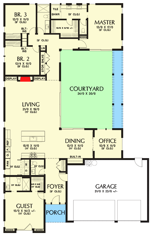 Plan 69425AM: 4-Bed Mid-Century Modern House Plan with 3-Car Garage Under 2700 Square Feet - Floor Plan - Main Level - Mid Century Modern, Prairie, Ranch