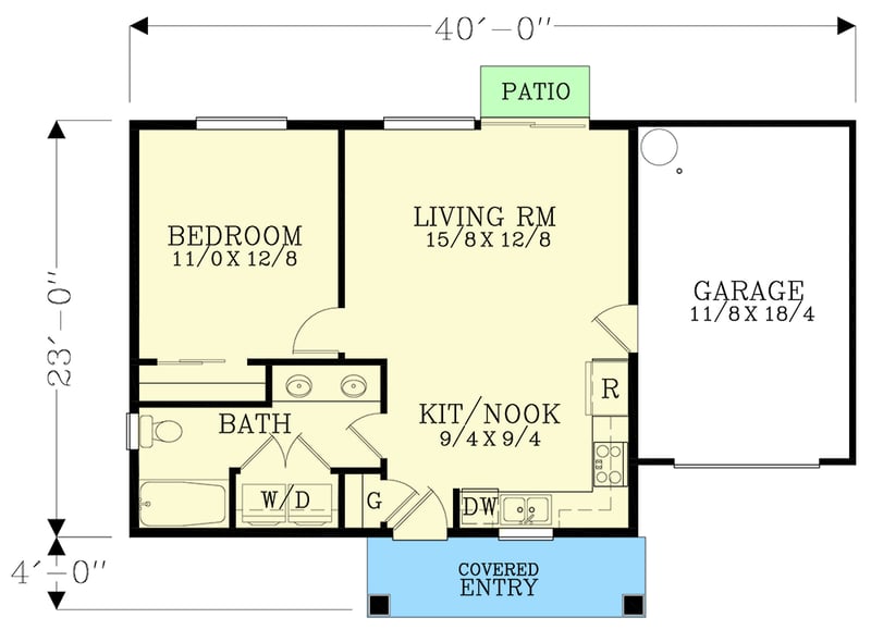 Plan 28007J: 600 Square Foot One-Bed Contemporary Prairie-Style House Plan - Floor Plan - Main Level - Contemporary, Prairie, Ranch
