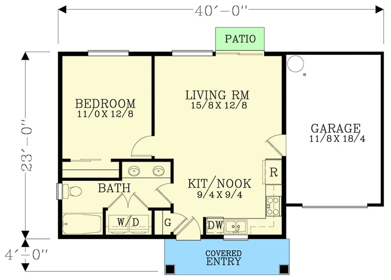 Plan 28008J: 600 Square Foot One-Bed Modern Home Plan with 1 Bed and a 1 Car Garage - Floor Plan - Main Level - Contemporary, Modern, Northwest