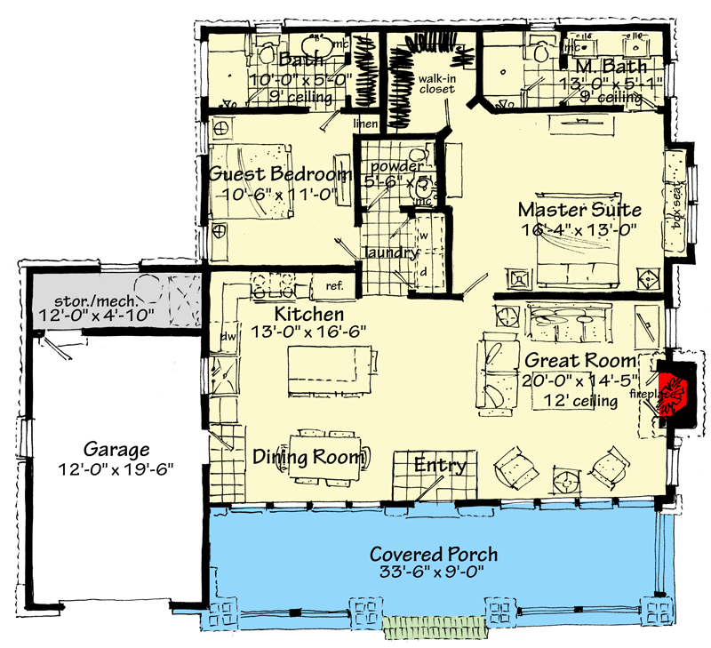 Plan 12974KN: 2-Bed Country Cottage House Plan with Single Bay Garage - 1166 Sq Ft  - Floor Plan - Main Level - Cottage, Country, Craftsman, Traditional