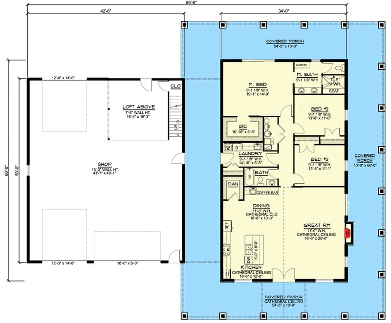 Plan 135199GRA: 2000 Square Foot Farmhouse-Inspired Barndominium-Style House Plan with Wraparound Porch - Floor Plan - Main Level - Barndominium, Country, Farmhouse, Modern Farmhouse, Mountain, Rustic