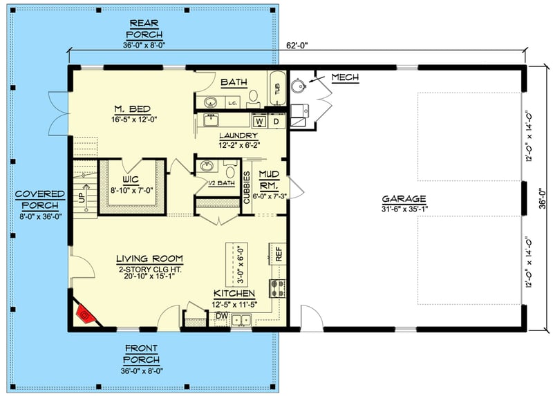 Plan 135205GRA: 1600 Square Foot Barndominium-Style House Plan with 2-Car Side-Entry Garage - Floor Plan - Main Level - Barndominium, Country, Rustic, Traditional