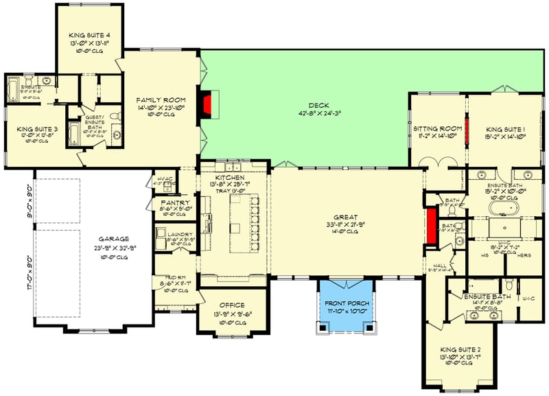 Plan 744503ABR: 4-Bed Modern Transitional with Outdoor Fireplace and Two Master Suites - Floor Plan - Main Level - Contemporary, Craftsman, Modern, Ranch, Transitional