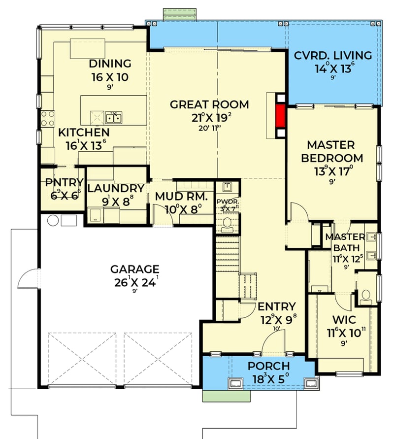 Plan 280183JWD: 4-Bed New American House Plan Under 3400 Square Feet with Main-Level Master Suite - Floor Plan - Main Level - Contemporary, Country, Craftsman, New American