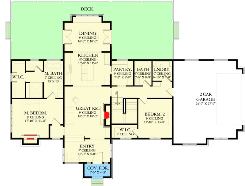 Plan 490086NAH: One Story 2000 Square Foot Contemporary French Country Home Plan with Lower Level Expansion - Floor Plan - Main Level - European, French Country, New American, Ranch, Southern, Traditional