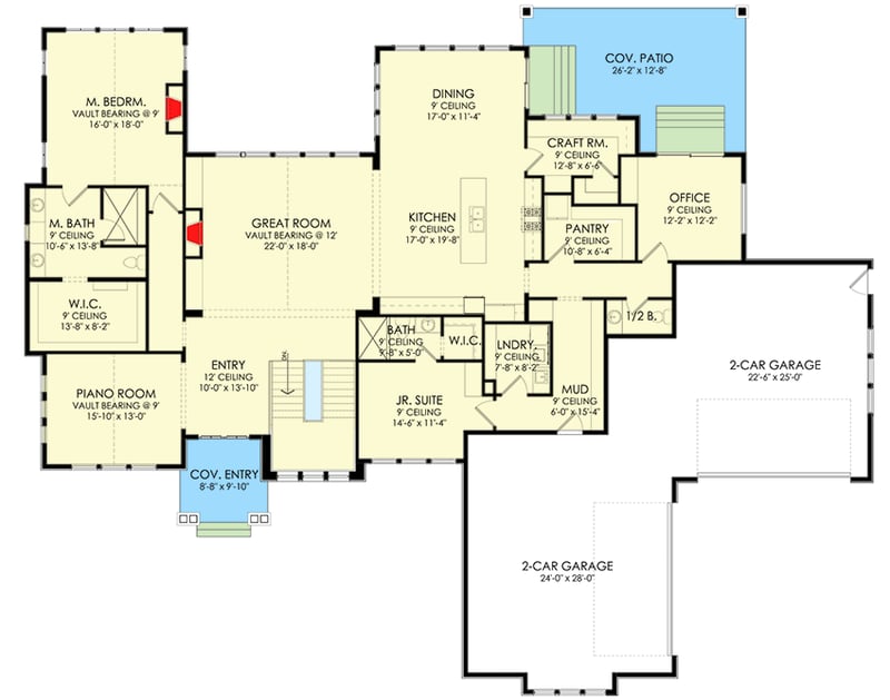 Plan 490089NAH: One-Story New American House Plan Under 3300 Square Feet with Lower Level Expansion - Floor Plan - Main Level - Craftsman, New American, Ranch