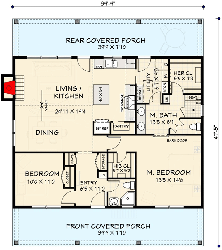 Plan 28947JJ: 2-Bed Country Cabin with Vaulted Open Floor Plan - 1275 Sq Ft - Floor Plan - - Cabin, Cottage, Country, Farmhouse, Ranch, Rustic