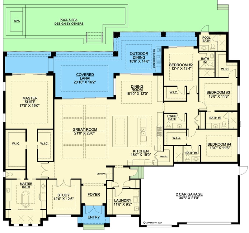 Plan 86106BW: Contemporary Coastal House Plan with Study and Split-bed Layout - Floor Plan - Main Level - Coastal, Contemporary, European, Florida-Style, Mediterranean, Transitional