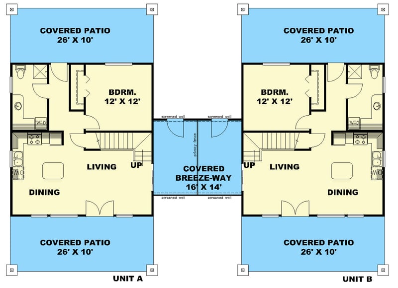 Plan 350007GH: Rustic Duplex with Matching 2-Bed Units Around 1000 Square Feet Connected by Breezeway - Floor Plan - Main Level - Country, New American