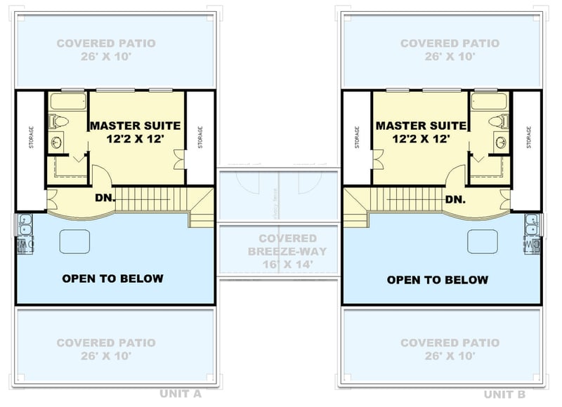 Plan 350007GH: Rustic Duplex with Matching 2-Bed Units Around 1000 Square Feet Connected by Breezeway - Floor Plan - 2nd Floor - Country, New American