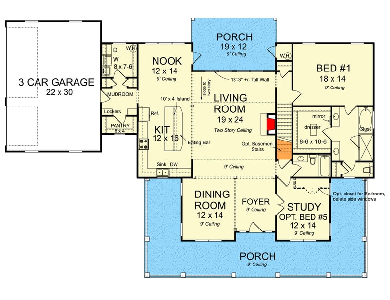 Plan 52307WM: Expanded Country Farmhouse Plan with 4 or 5 Beds and a Game Room - Floor Plan - Main Level - Country, Craftsman, Farmhouse, Modern Farmhouse, Traditional