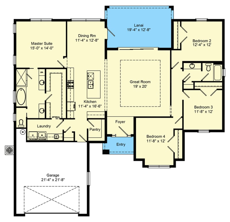 Plan 64324BT: 4-Bed Southern-Style House Plan with Just Over 2200 Square Feet of Living Area - Floor Plan - Main Level