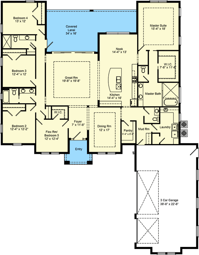 Plan 64328BT: Transitional One-Level House Plan Under 3300 Square Feet - Floor Plan - Main Level - European, Prairie, Southern, Transitional