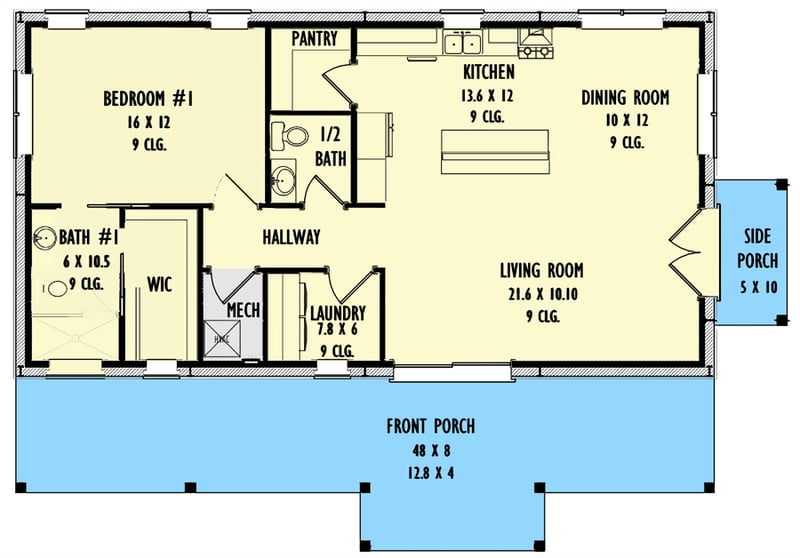Plan 777035MTL: 1200 Square Foot Cabin with Huge Front Porch - Floor Plan - Main Level - Barndominium, Cabin, Country, Ranch, Rustic