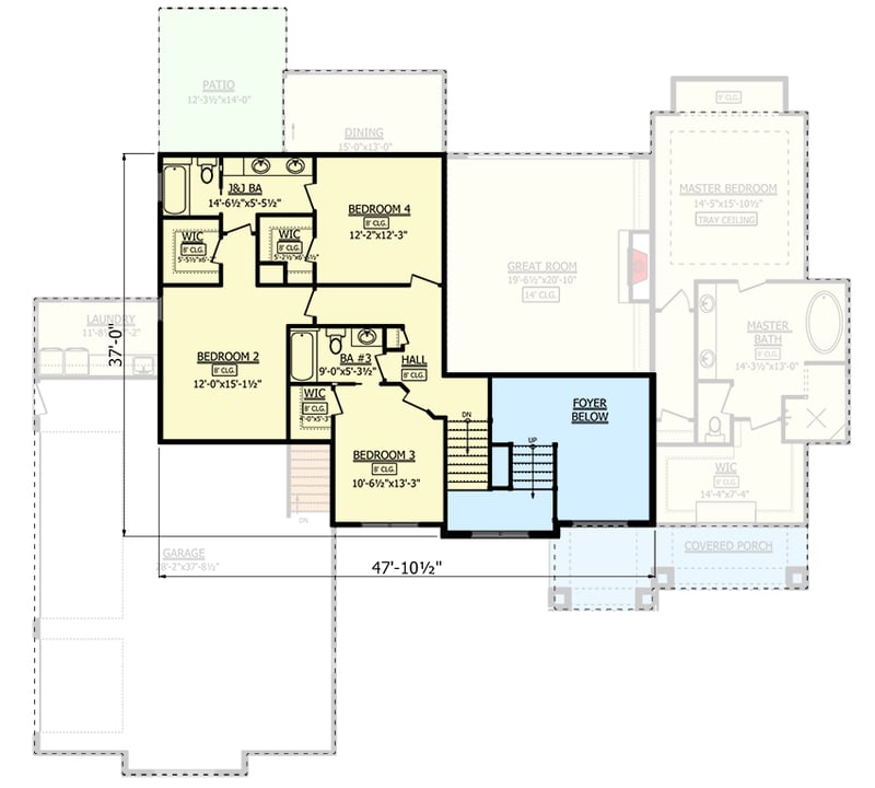 Plan 911027JVD: 4-Bed Transitional Home Plan Under 3300 Square Feet with 14' Ceiling above Great Room - Floor Plan - 2nd Floor - European, Transitional