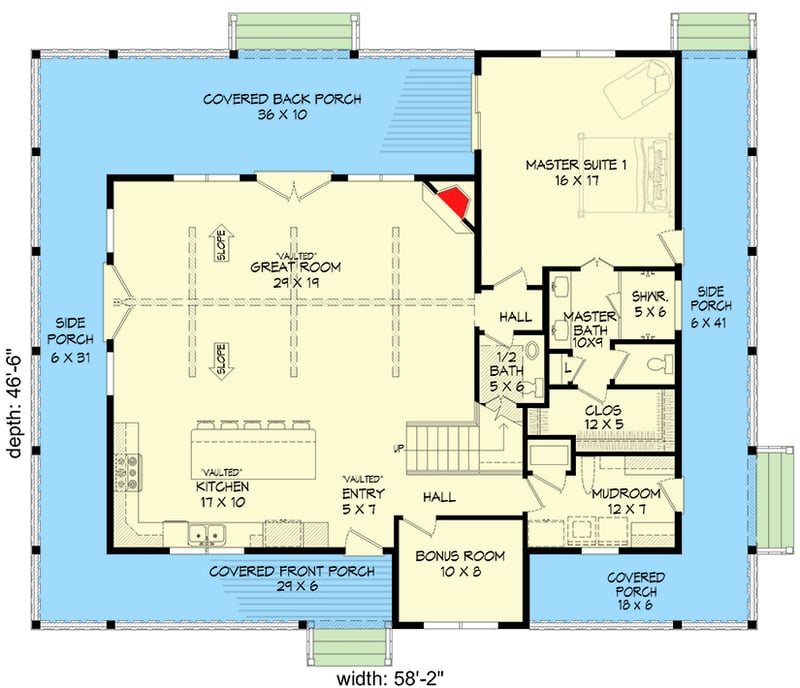 Plan 680062VR: 2200 Square Foot Country Farmhouse Plan with 6-Foot-Deep Wraparound Porch - Floor Plan - Main Level - Country, Farmhouse, Traditional