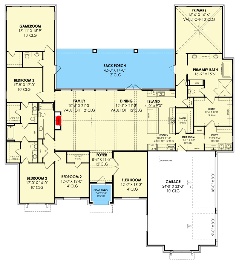 Plan 818020JSS: Over 3,600 Square Foot New American Ranch with Split-bed Layout and Flex Room - Floor Plan - Main Level - Contemporary, Modern, Northwest, Prairie, Transitional