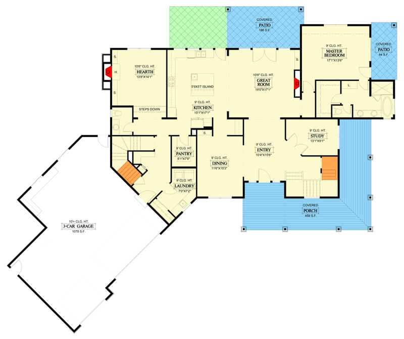 Plan 365031PED: Exclusive Country Craftsman Plan with Angled 3-Car Garage - Floor Plan - Main Level - Country, Craftsman, Modern Farmhouse