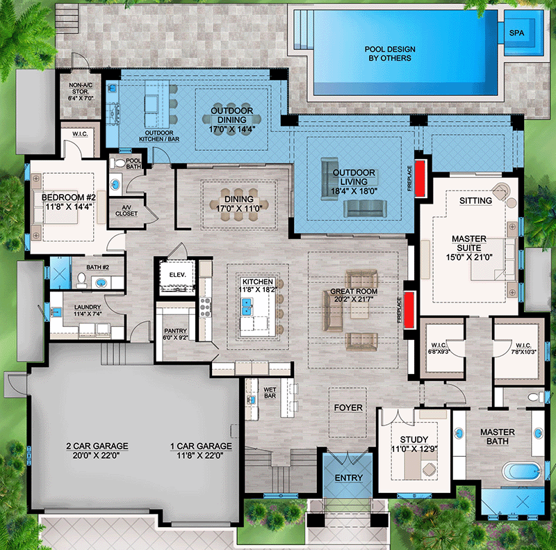 Plan 86110BW: 2-Story Coastal Contemporary House Plan with Outdoor Fireplace and Kitchen - Floor Plan - Main Level - Beach, Coastal, Coastal Contemporary, Florida-Style, Vacation