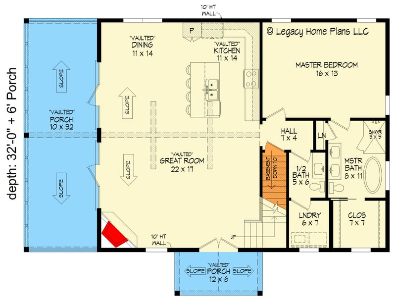 Plan 680065VR: 1770 Square Foot Lake House Plan with Large Vaulted Covered Side Porch and Lower Level Expansion - Floor Plan - Main Level - Country, Craftsman, Mountain, Rustic