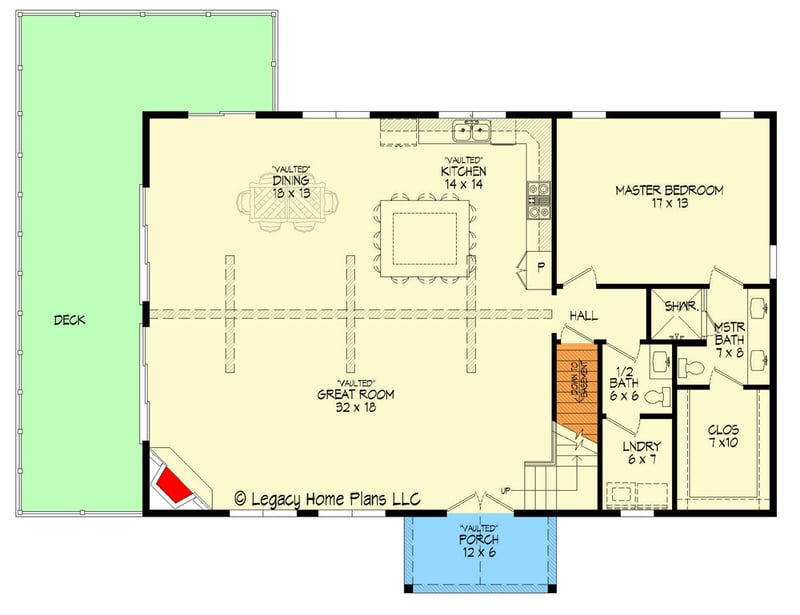 Plan 680066VR: Two-Story Lake House Plan Under 1800 Square Feet with Vaulted Great Room and Lower Level Expansion - Floor Plan - Main Level - Cottage, Country, Craftsman, Mountain, Vacation