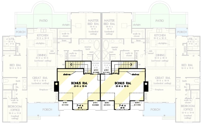Plan 444376GDN: Modern Farmhouse Duplex House Plan with 1700 Square Foot 3-Bed Units - Floor Plan - Bonus Level - Craftsman, Modern Farmhouse, New American, Ranch