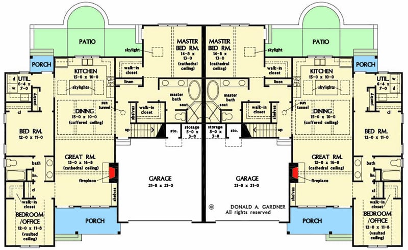 Plan 444376GDN: Modern Farmhouse Duplex House Plan with 1700 Square Foot 3-Bed Units - Floor Plan - Main Level - Craftsman, Modern Farmhouse, New American, Ranch