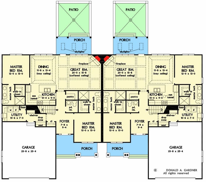 Plan 444378GDN: Two-Story Duplex with New American Styling and Matching 1875 Square Foot 3-Bed Units - Floor Plan - Main Level - Country, Craftsman, Modern Farmhouse, New American