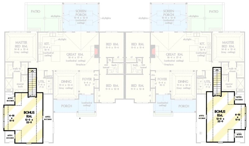 Plan 444379GDN: Rustic Duplex House Plan with Mirrored 3-Bed Units Under 1700 Square Feet - Floor Plan - Bonus Level - Country, Craftsman, Ranch, Rustic