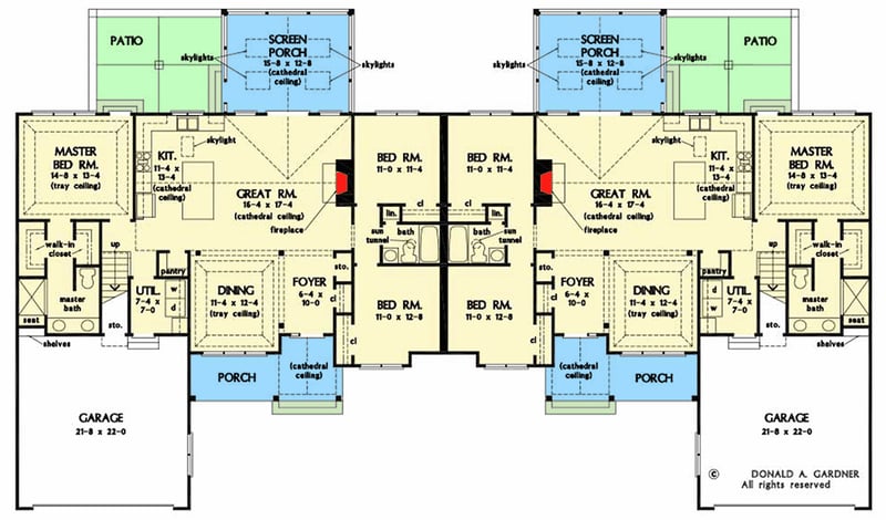 Plan 444379GDN: Rustic Duplex House Plan with Mirrored 3-Bed Units Under 1700 Square Feet - Floor Plan - Main Level - Country, Craftsman, Ranch, Rustic