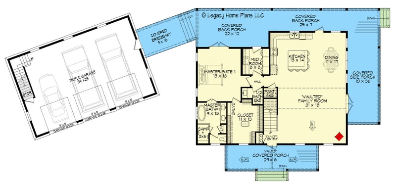 Plan 680067VR: 3300 Square Foot Rustic Country House Plan with 3 Master Suites and 3-Car Garage - Floor Plan - Main Level - Country, Mountain, Rustic, Traditional