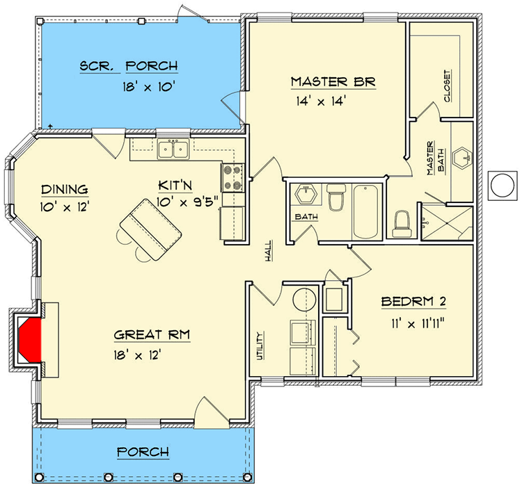 Plan 3477VL: Southern Escape with Garage Option - 1094 Sq Ft - Floor Plan - Main Level - Southern