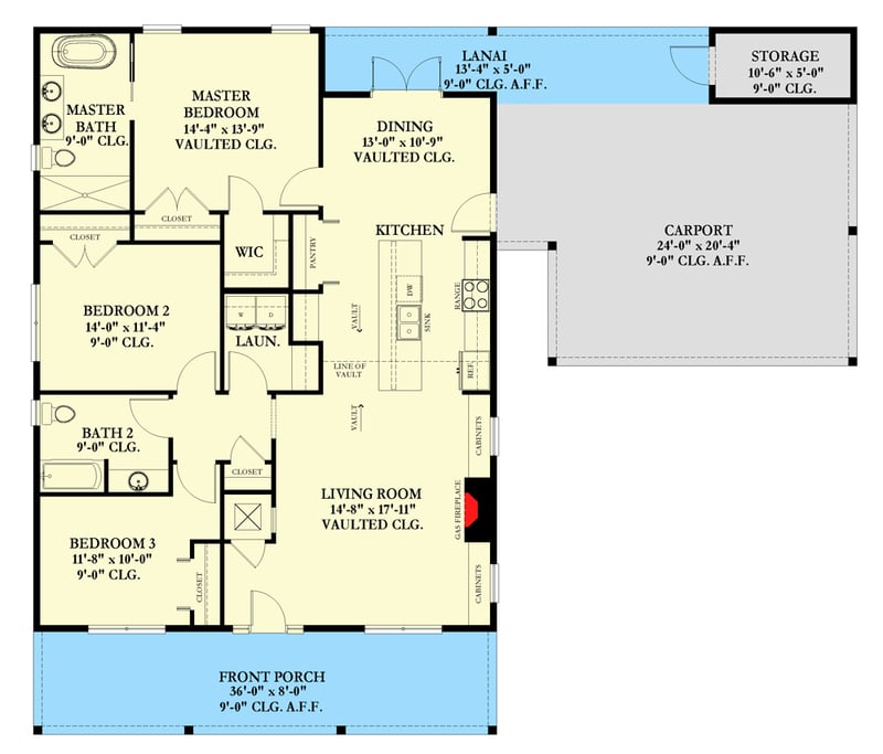 Plan 82283KA: Traditional Ranch Plan with Vaulted Ceiling and Carport - Floor Plan - Main Level - Country, Ranch, Southern, Traditional