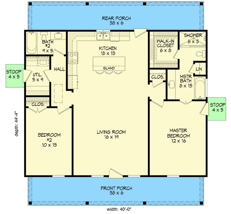 Plan 680076VR: Symmetrical 2-Bed Country Ranch Under 1300 Square Feet with Front and Rear Porches - Floor Plan - Main Level - Country, Ranch, Traditional