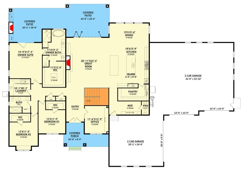 Plan 849011PGE: New American Farmhouse Plan with 4-Car Garage and Basement Expansion with Home Theater - Floor Plan - Main Level - Contemporary, Country, Craftsman, Farmhouse, Modern Farmhouse, Mountain, New American, Ranch