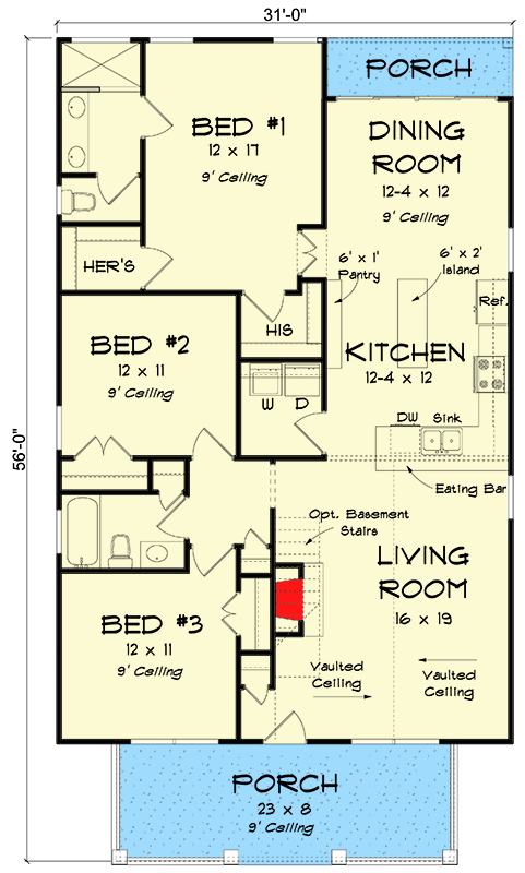Plan 52309WM: 3-Bed Cottage Under 1500 Square Feet - Floor Plan - Main Level - Bungalow, Cottage, Country
