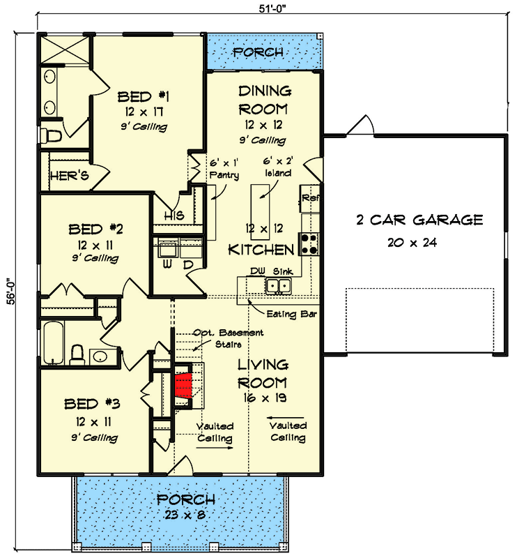 Plan 52310WM: 3-Bed Cottage Under 1500 Square Feet with 2-Car Garage - Floor Plan - Main Level - Bungalow, Cottage, Country, Traditional