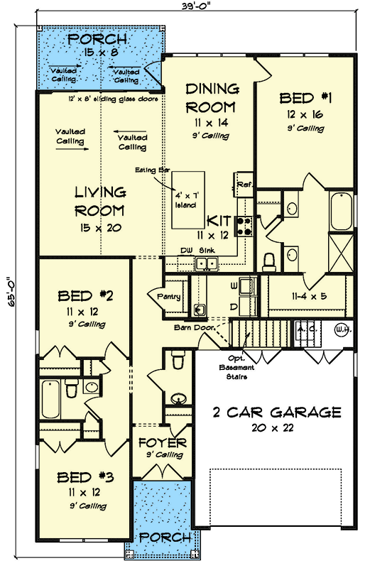 Plan 52315WM: 3-Bed Cottage Plan with Split-bed Layout - Floor Plan - Main Level - Bungalow, Cottage, Country, Traditional