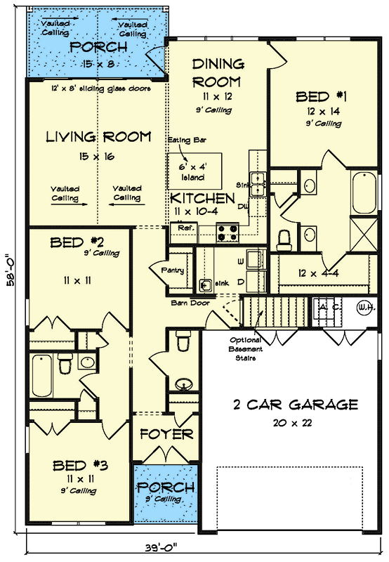 Plan 52316WM: One-Level Country Home Plan Under 1500 Square Feet with Vaulted Living Room - Floor Plan - Main Level - Bungalow, Cottage, Country, Traditional