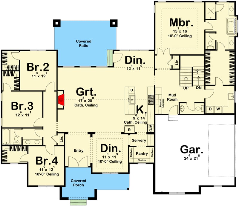Plan 623191DJ: 4-Bed Craftsman-Style Ranch with Two-Story Great Room and Breakfast Nook - 2569 Sq Ft - Floor Plan - Main Level - Country, Craftsman, Modern Farmhouse, New American, Ranch, Traditional